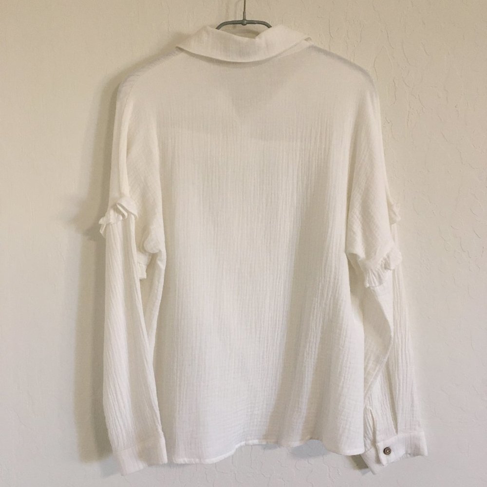 Women's White Button Down Shirt with Ruffle Detail - Picture 9 of 12